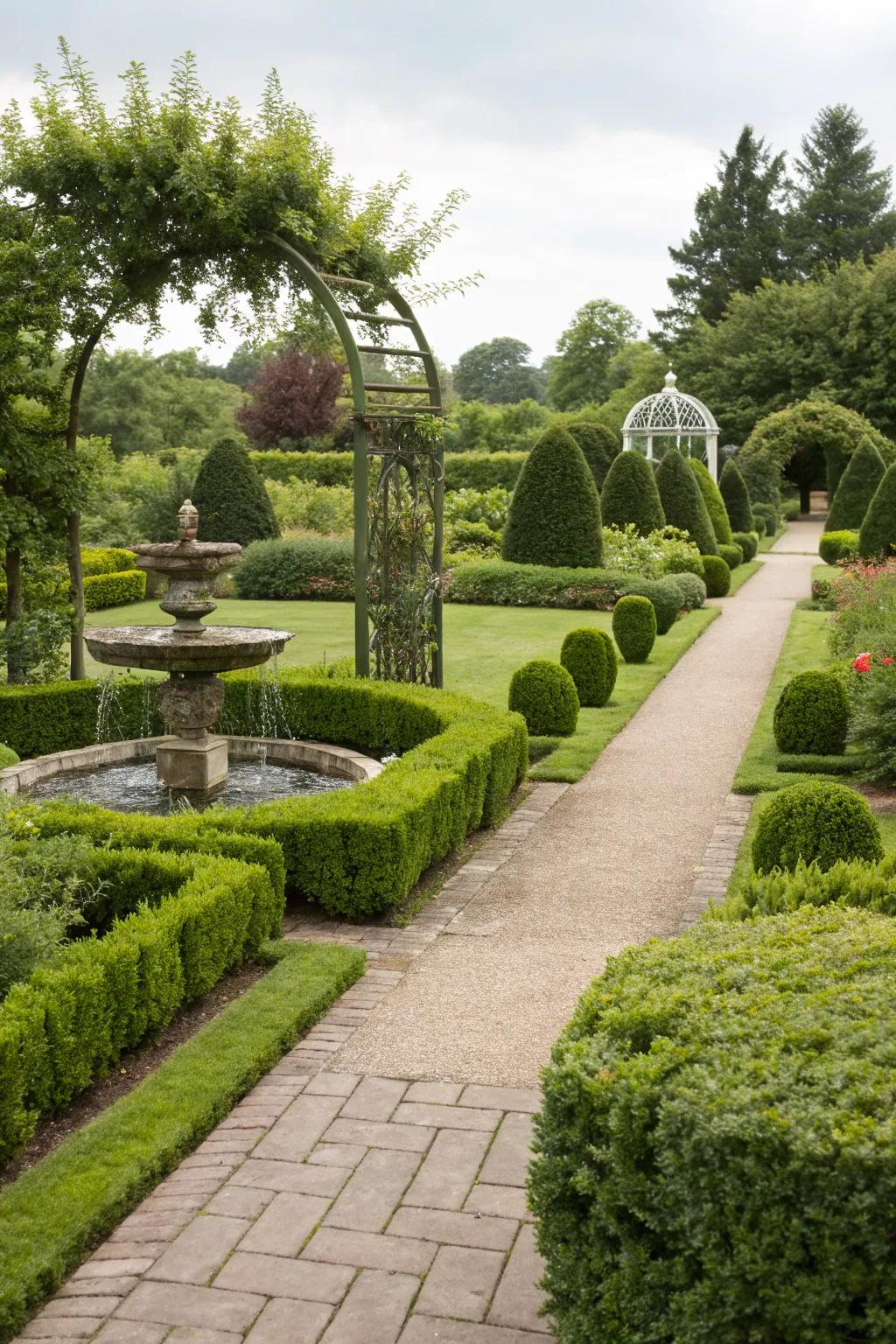 Lush greenery provides year-round beauty in formal gardens.