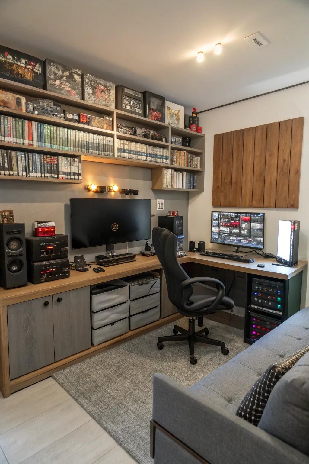 A gaming room that uses wall-mounted storage options effectively.