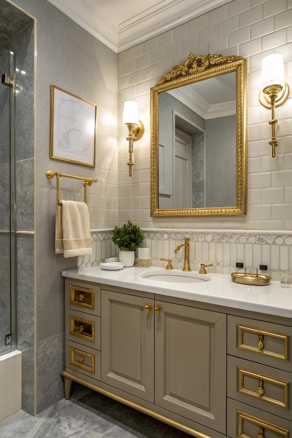 Metallic accents provide a rich contrast and elevate the bathroom's design.