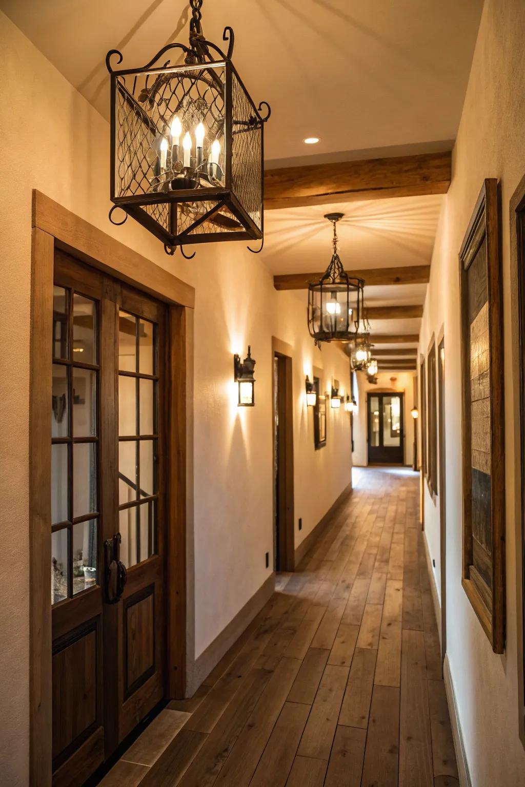 Rustic fixtures add warmth and character to modern hallways.