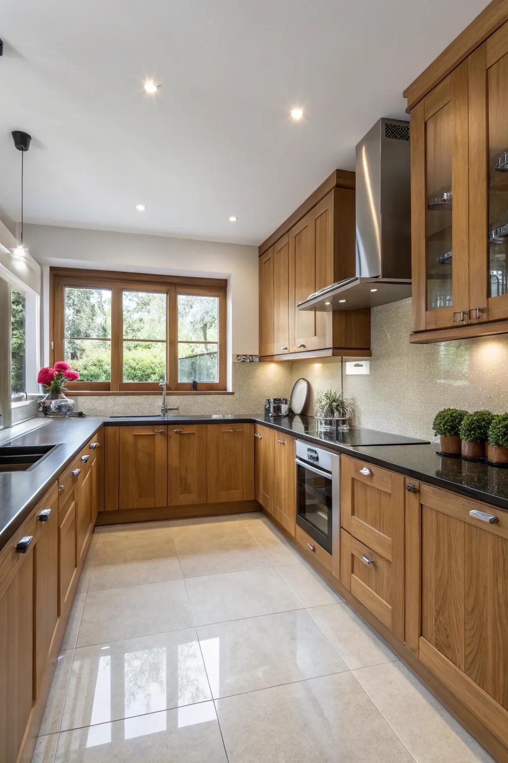 An L-shaped design optimizes area usage in modern kitchens featuring oak.