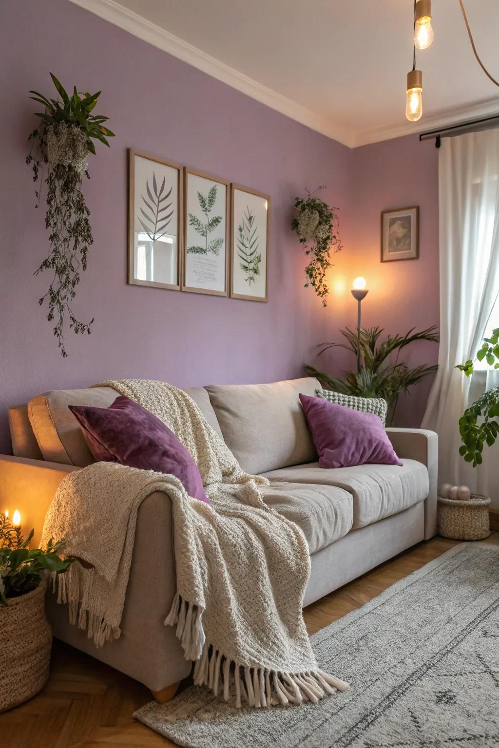 Violet haze walls create a calming and welcoming atmosphere in this living room.