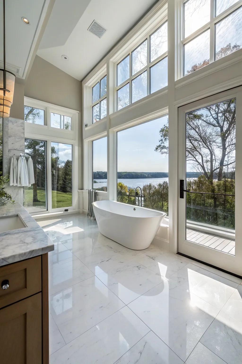 A generous configuration enhances comfort and flow in this master bathroom.
