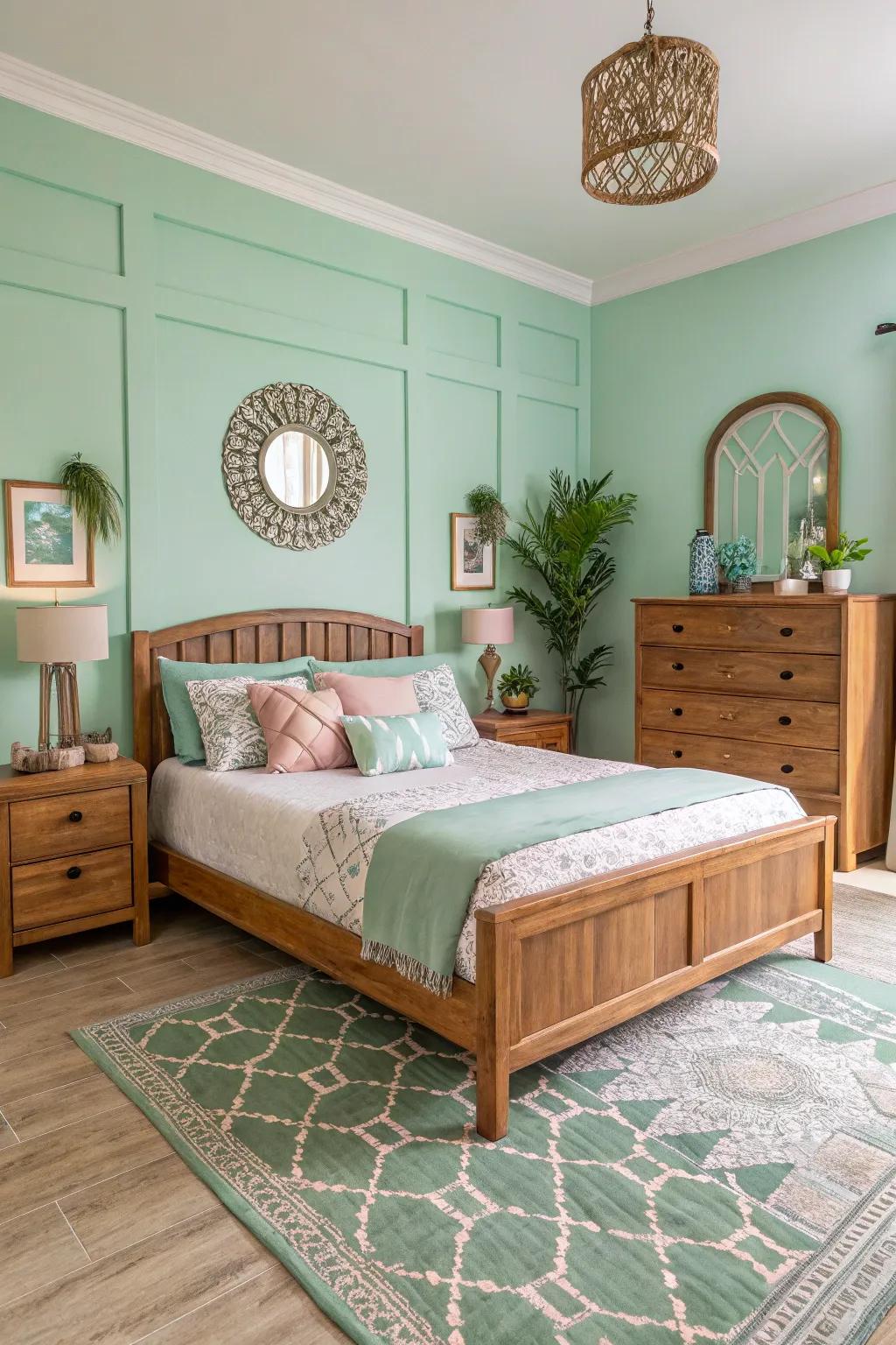 Warm wooden accents in a mint green bedroom.