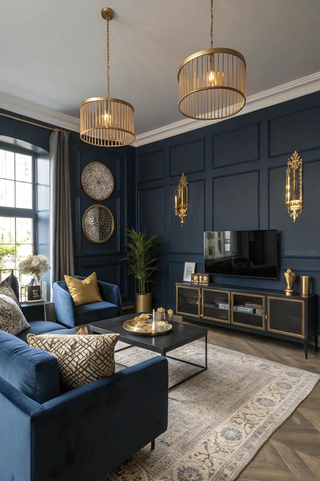 Gleaming features add warmth and luxury to the look.