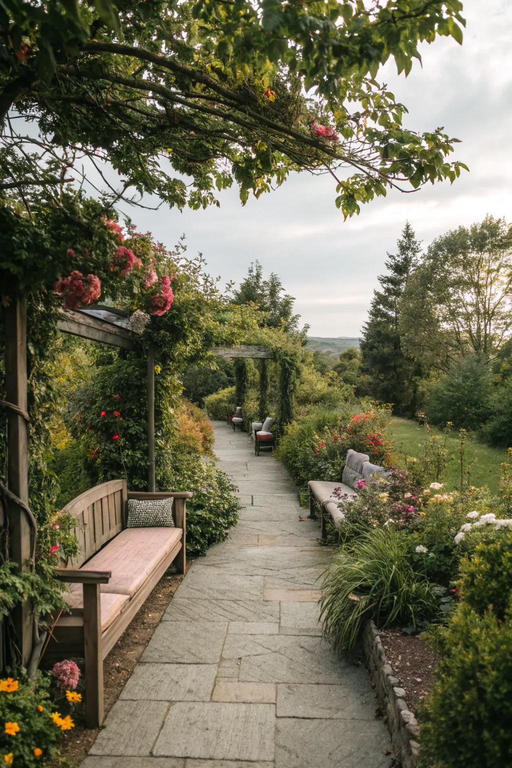 A garden path featuring a cozy seating area for relaxation.