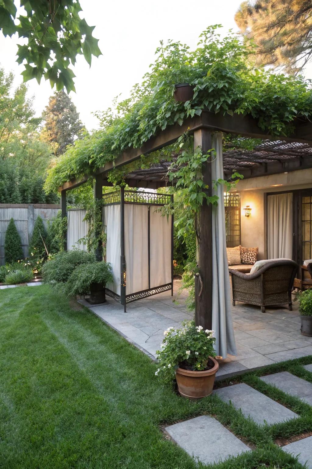 Privacy screens create a secluded pergola retreat.