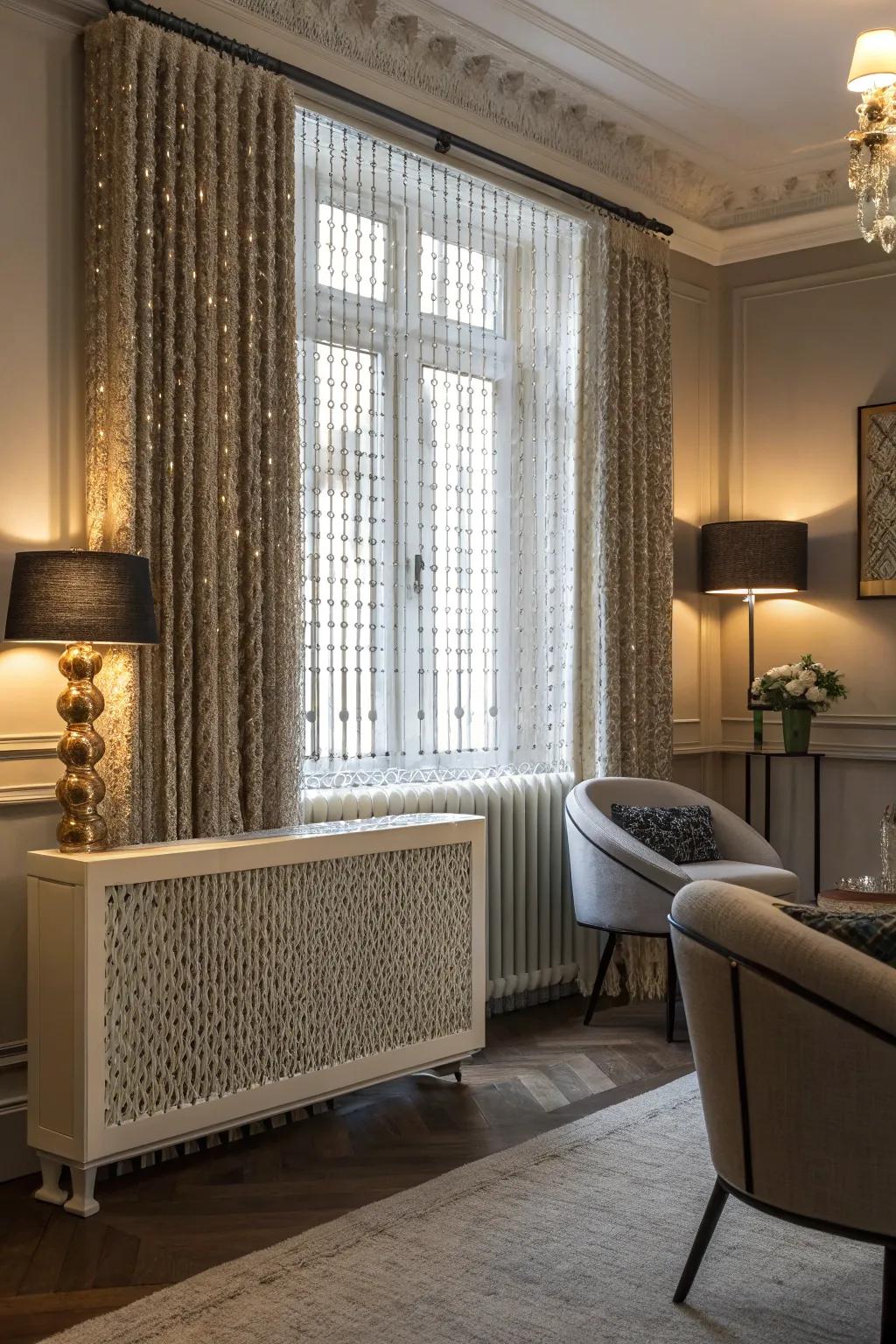 A radiator cover featuring elegant beaded curtains.