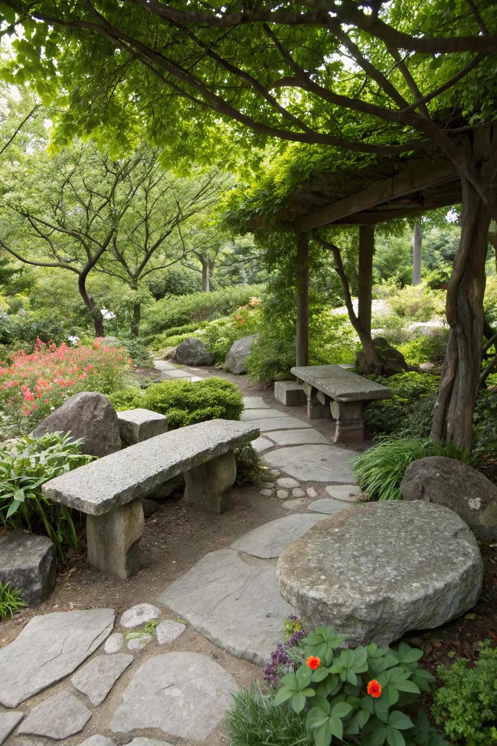 A mineral bench seating space encourages relaxation and appreciation of nature.