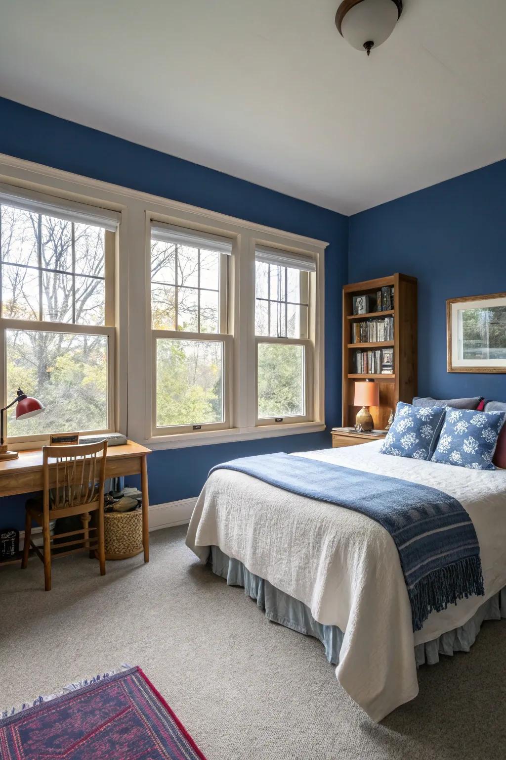 Natural lighting enhances the rich tones and ambiance of the indigo theme.