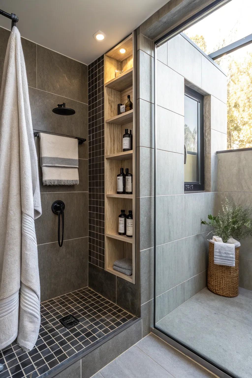 A shower that features integrated shelving that blends storage with style.