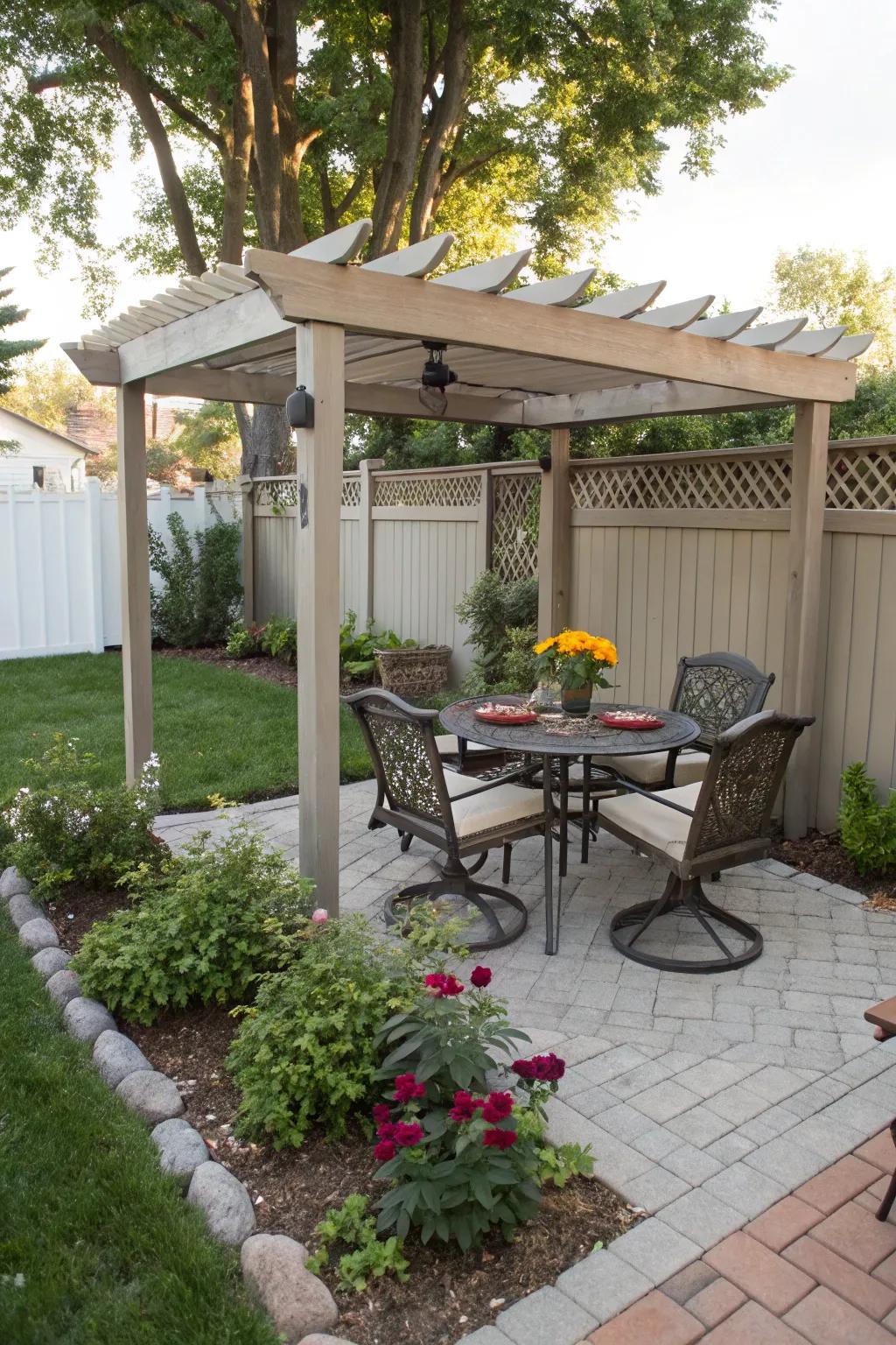 A mini pergola adds charm and definition.