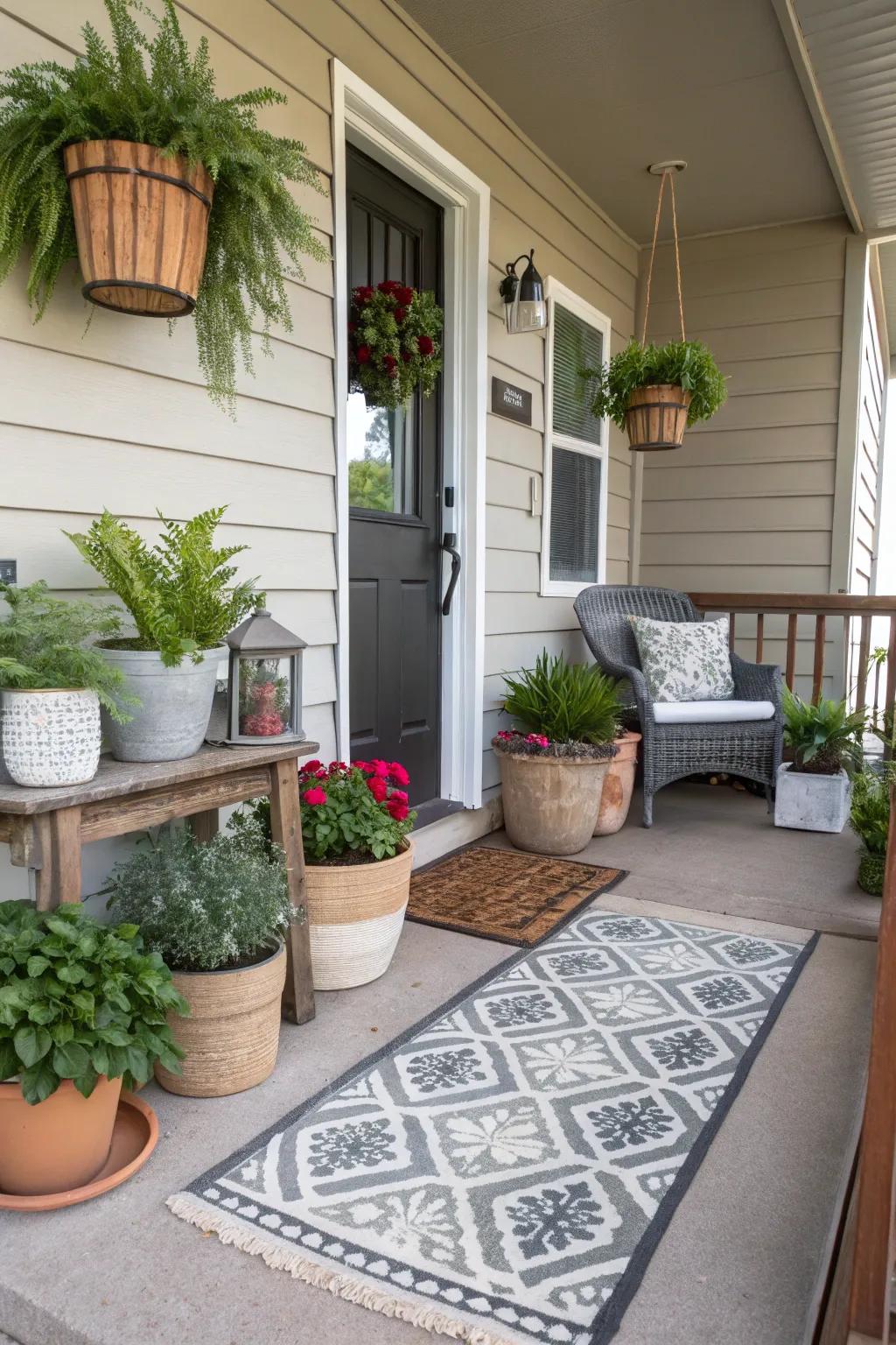 A petite front porch showcasing practical and ornamental items for both style and utility.