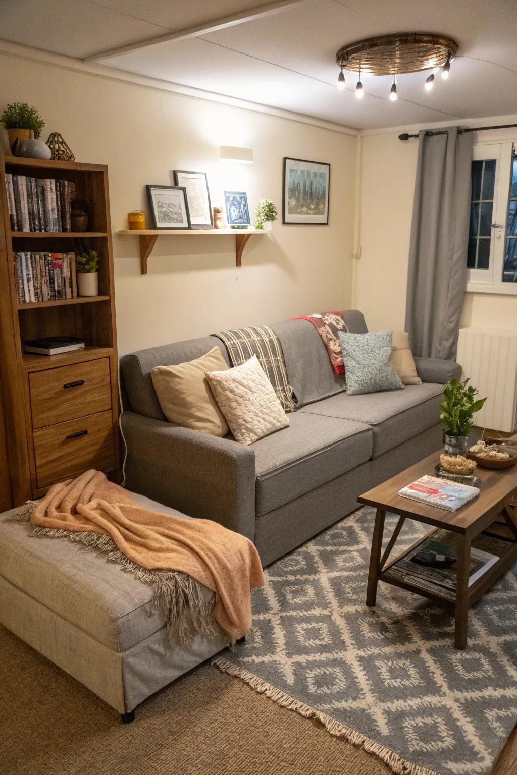 A small living space showcasing multi-purpose furnishings such as a sofa bed.