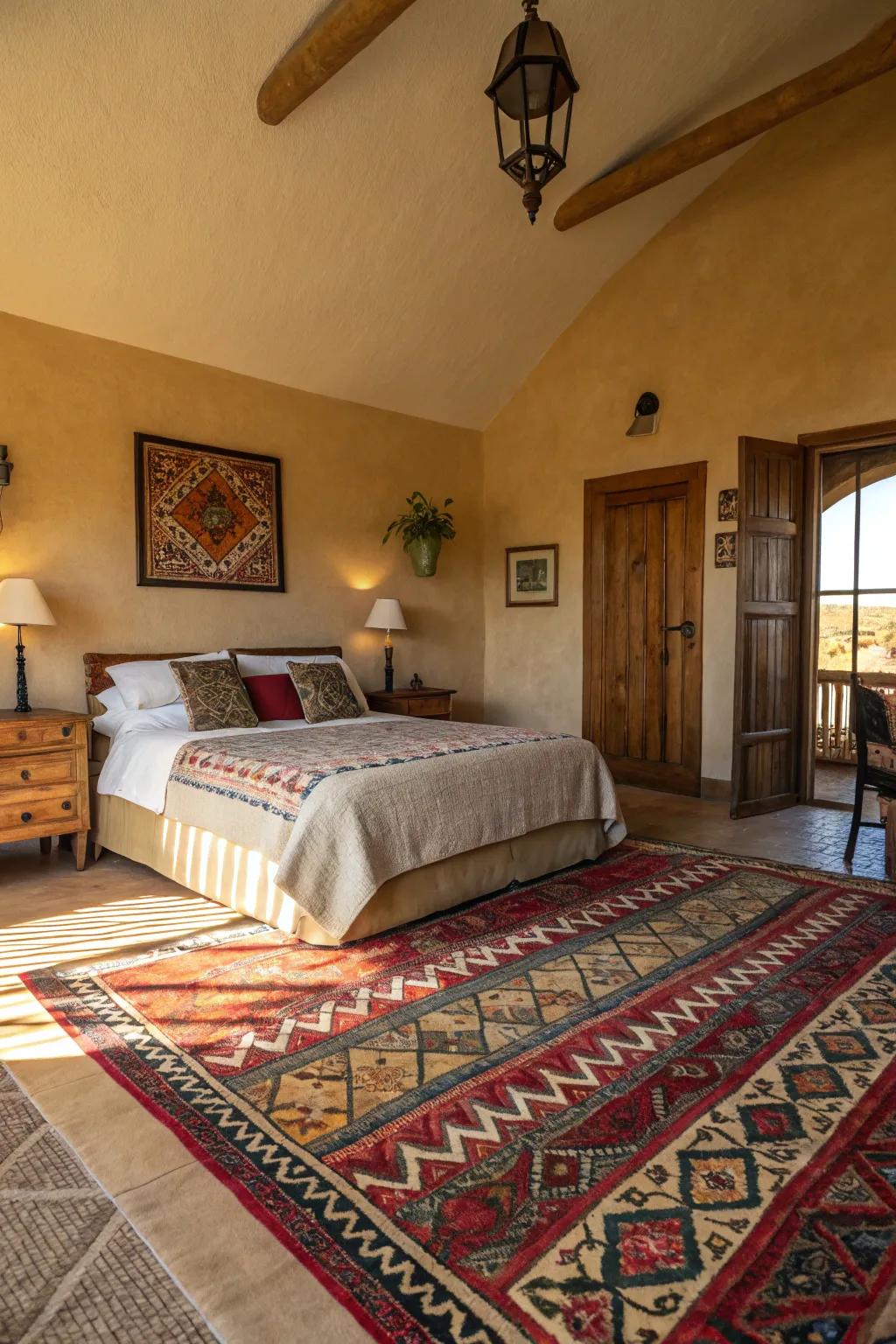 Vibrant patterned floor coverings bring energy and cohesion to a modern Spanish bedroom.