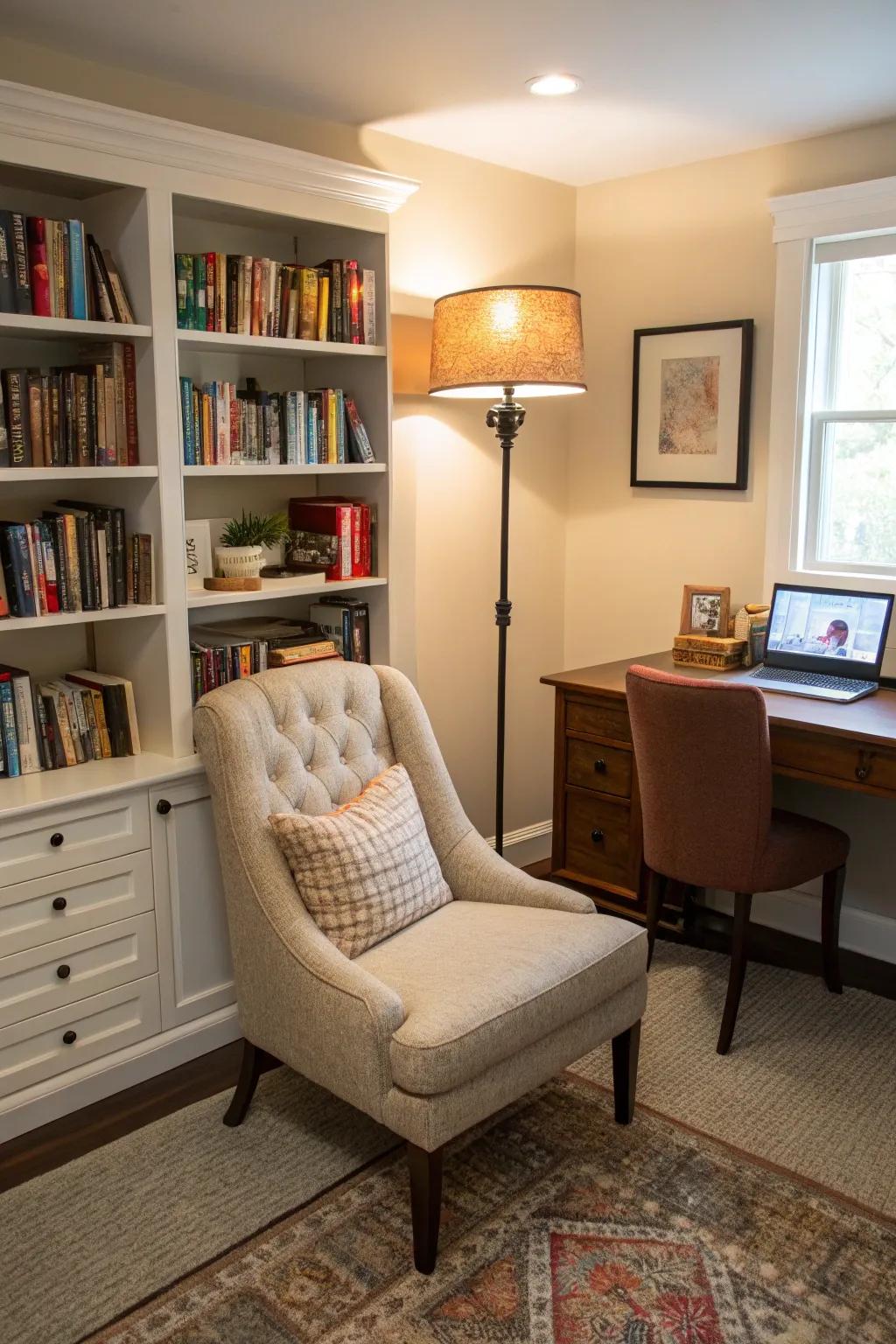 A cozy reading nook ideal for unwinding and focus.