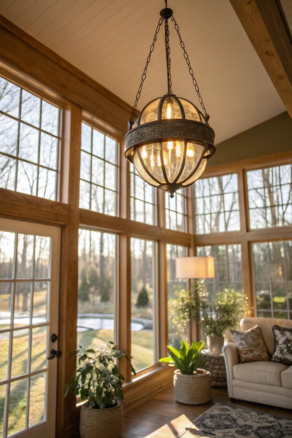 A bold lighting fixture adds elegance to this modern sunroom.