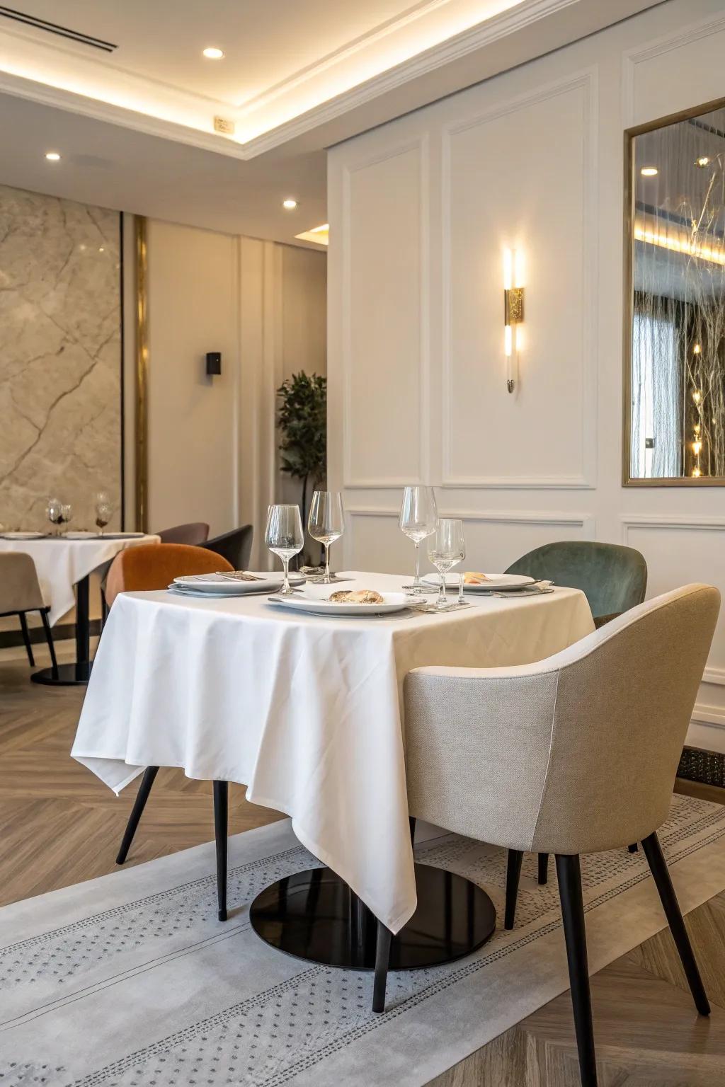 A minimalist white table covering offers a timeless beauty.