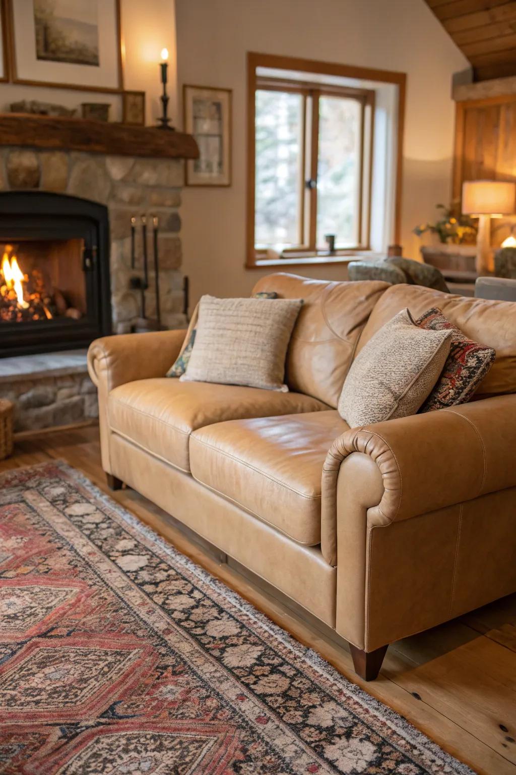A fireplace adds warmth to a family room space featuring a tawny hide couch.