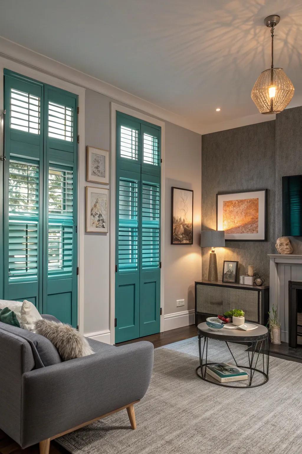 Sea-green louvered shutters add a striking focal point to a contemporary living room.