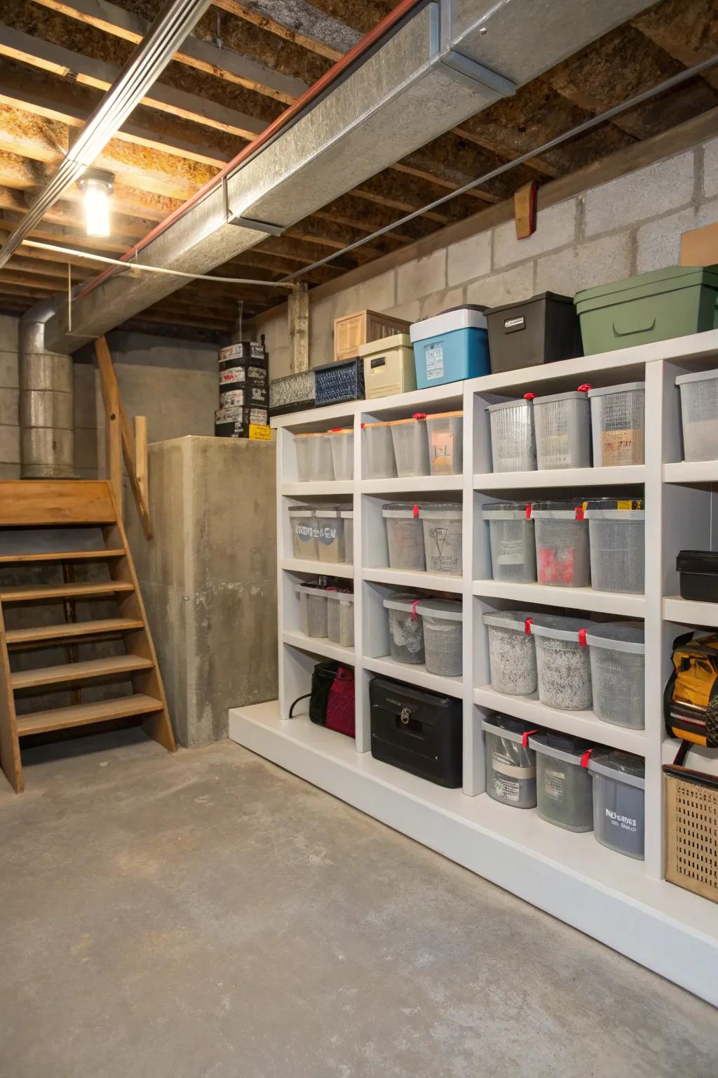 Practical storage keeps an unfinished basement organised.