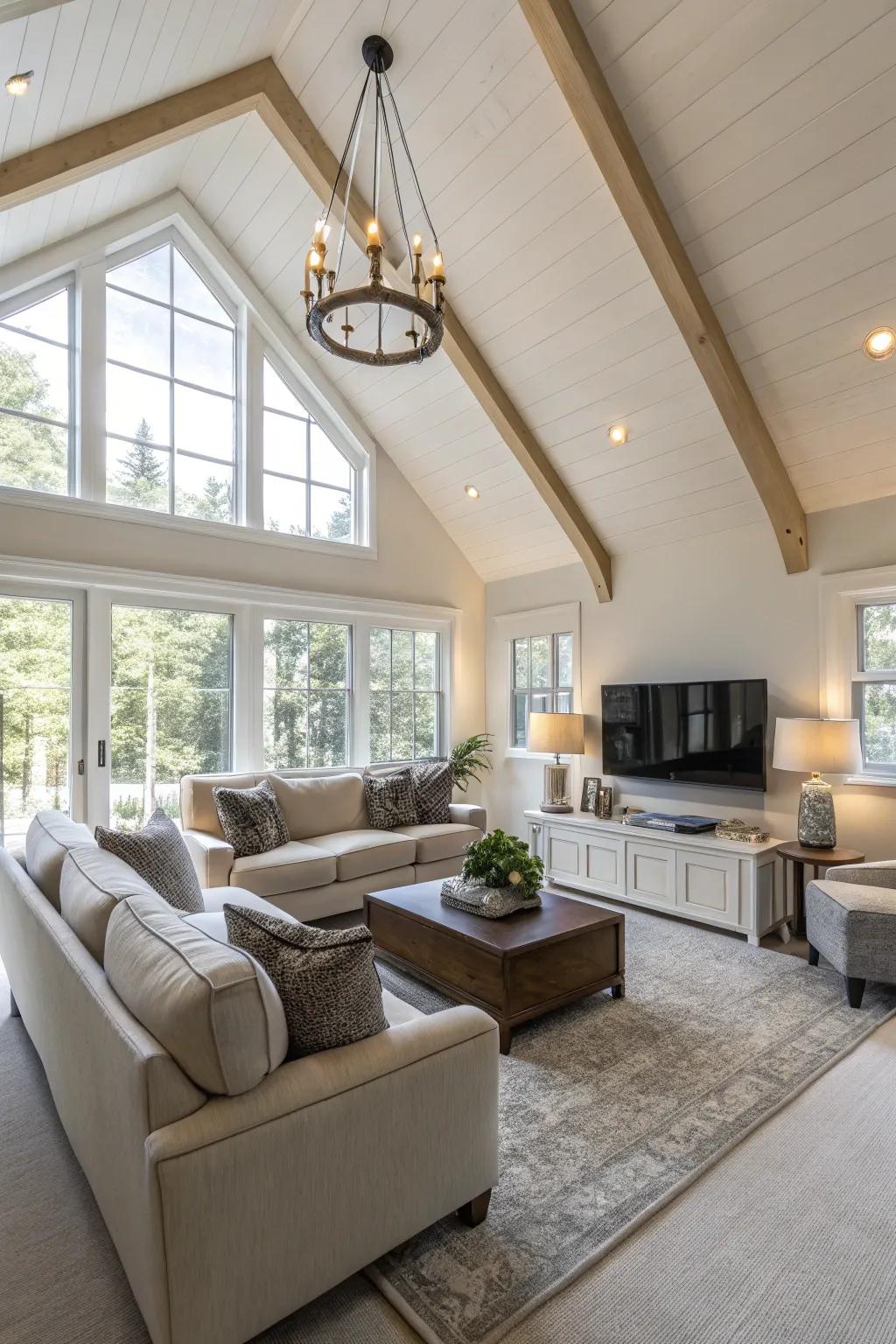 Spacious furniture contributes comfort and style to this vaulted ceiling living zone.