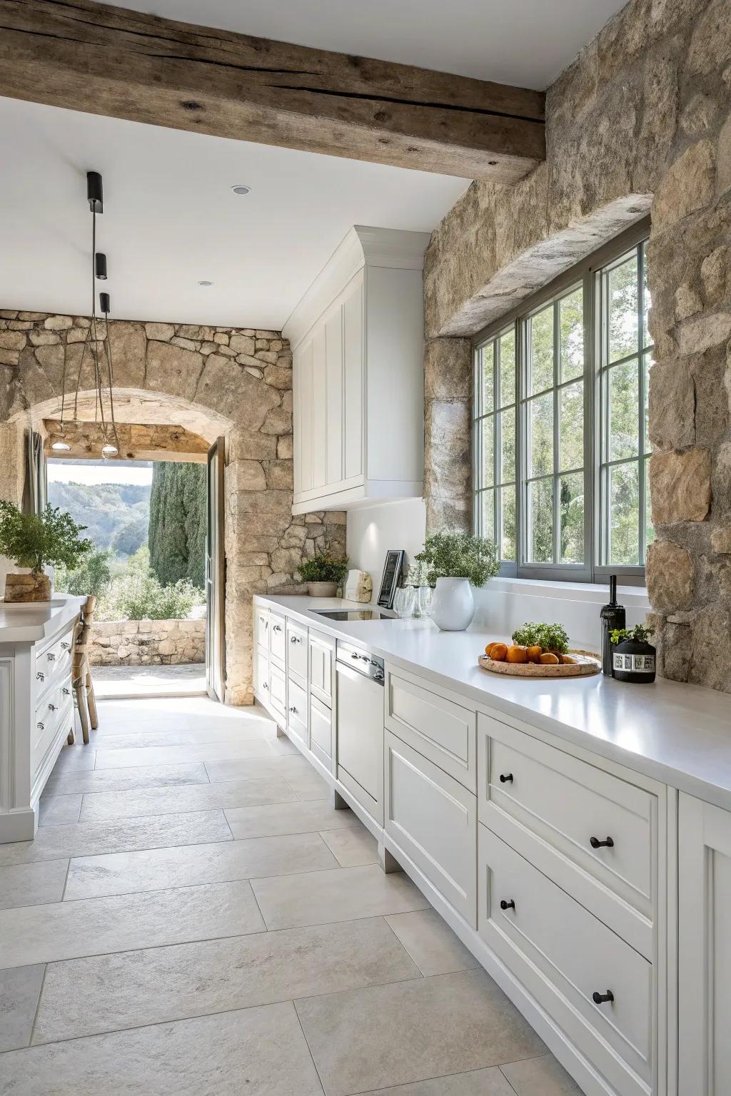Textural variety contributes depth to the kitchen design.