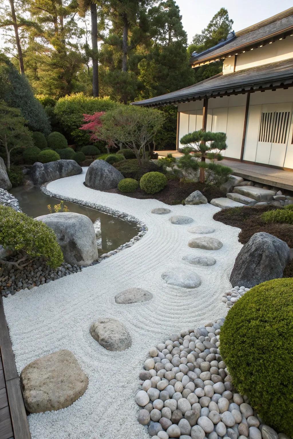 A serene Zen garden featuring white stones, perfect for a tranquil backyard escape.