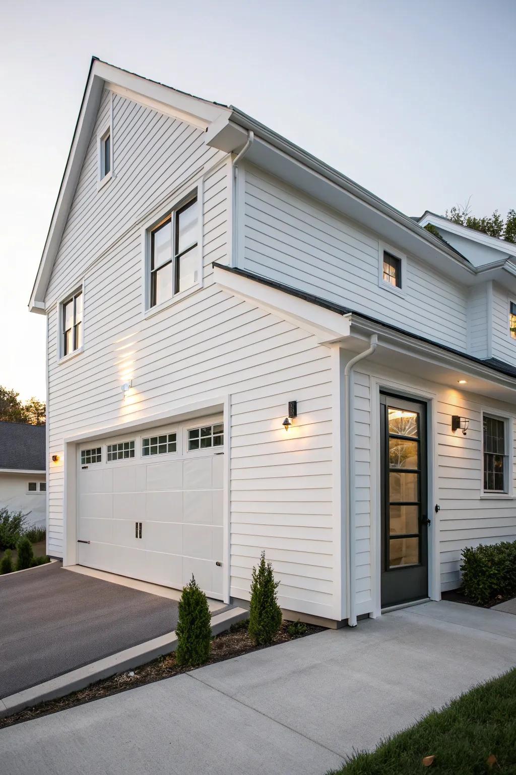 A cohesive design with the garage blending seamlessly into the white siding house.