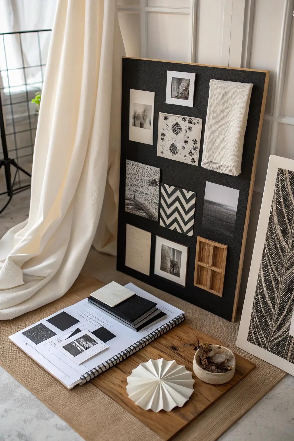 A monochromatic mood board radiating timeless refinement.