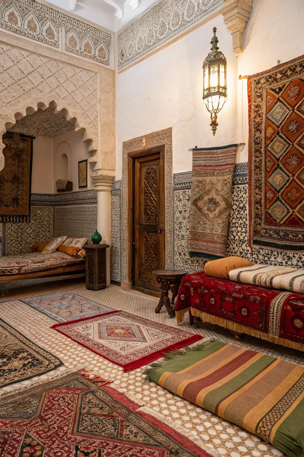 Layered rugs add comfort and visual interest to Moroccan floors.