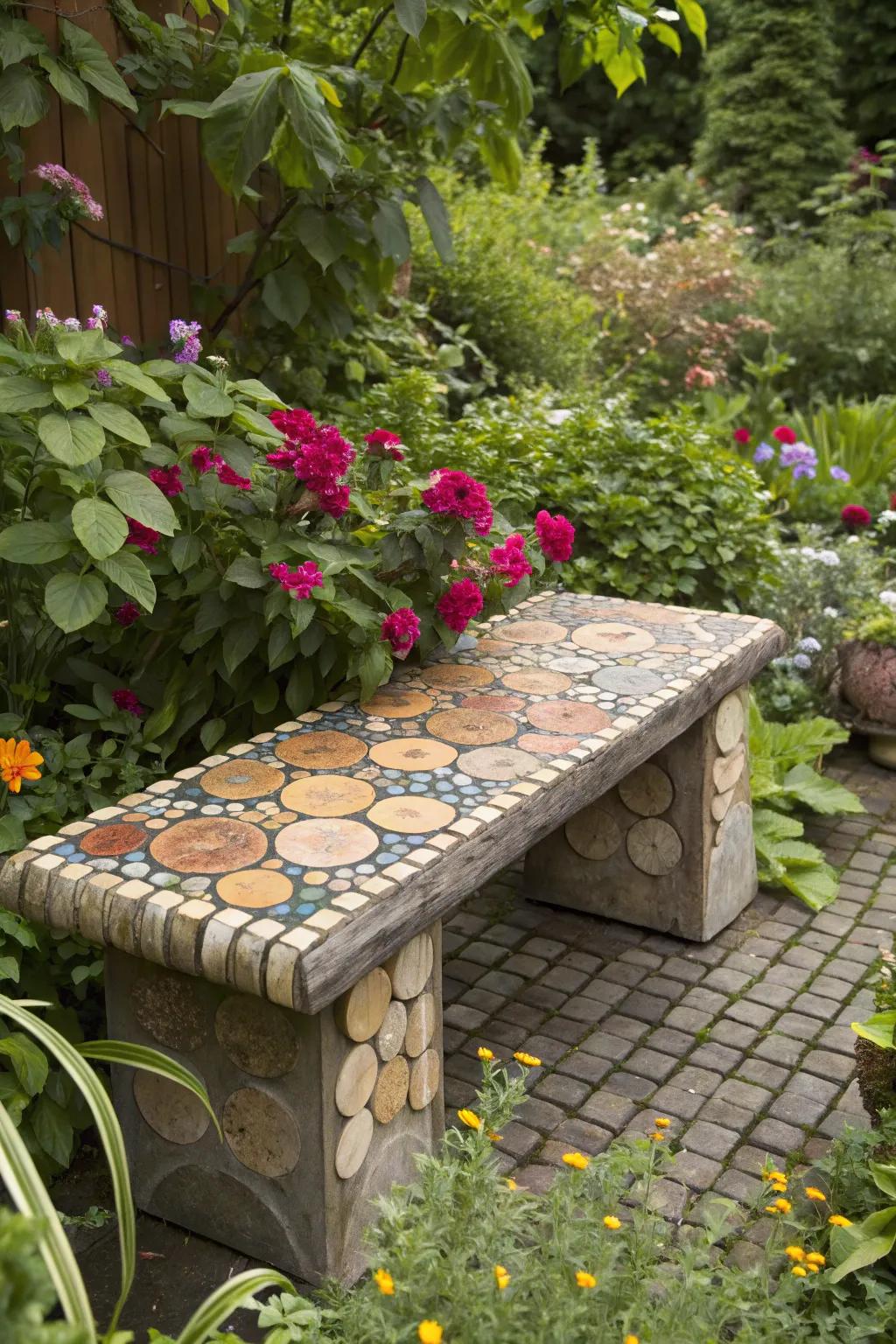 Wood slice mosaics add rustic charm to outdoor spaces.