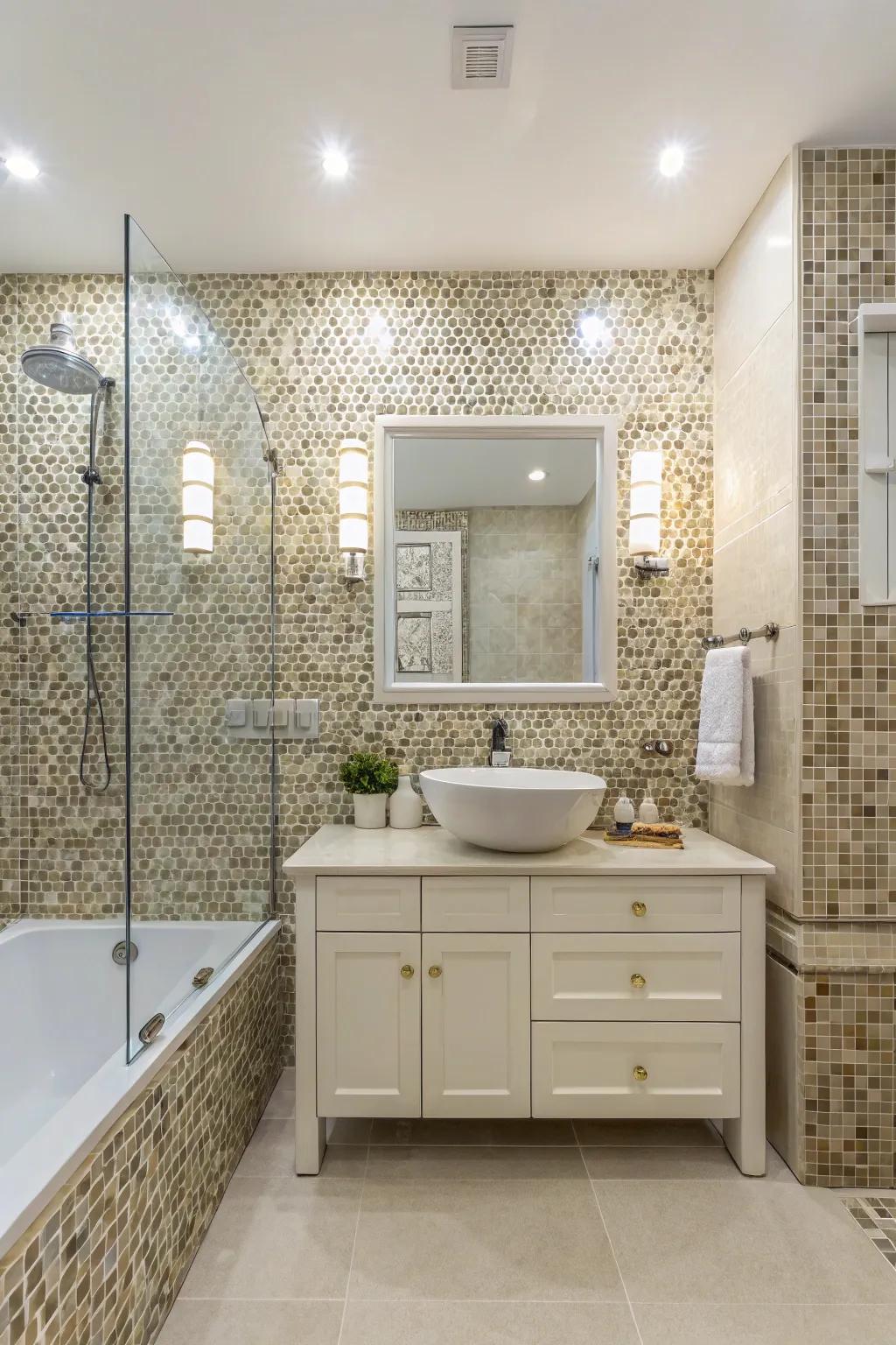 Realize balance through the careful coordination of tiling with bathroom installations.