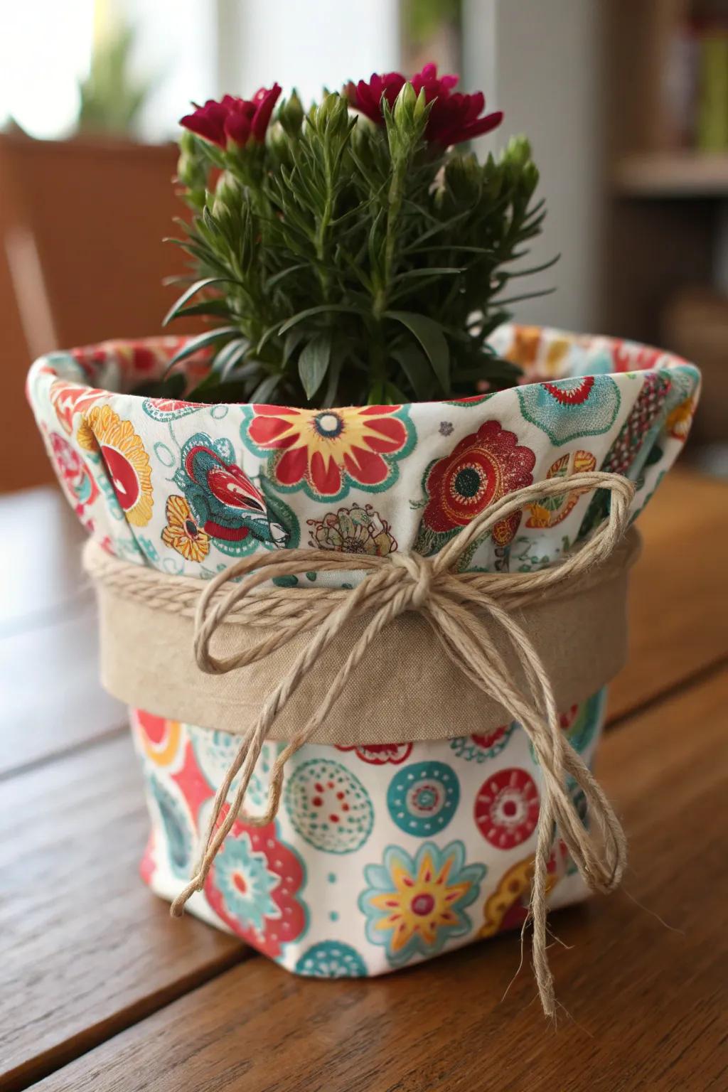 A flower pot enclosed in textile for a distinctive appeal.