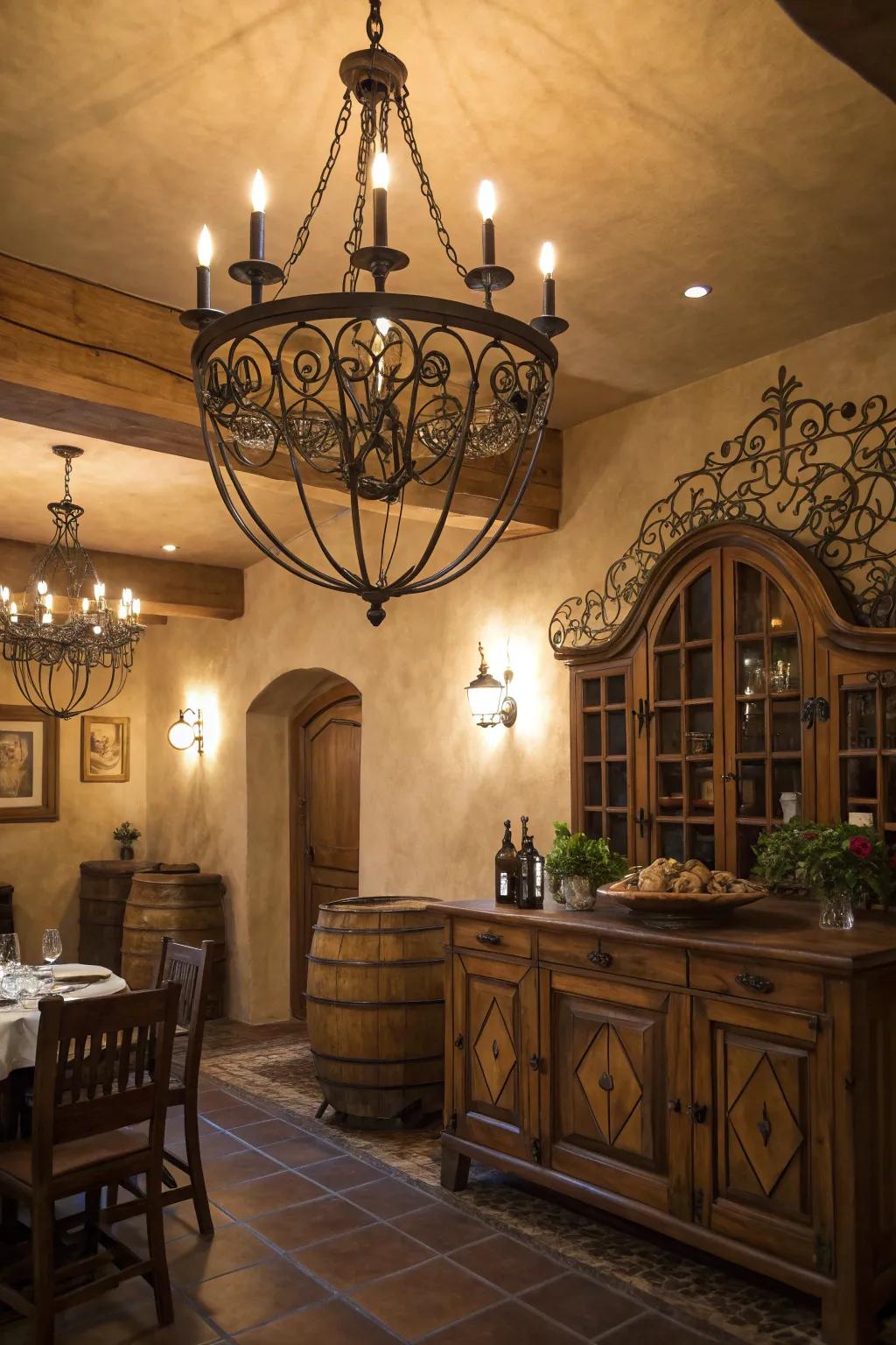 A room illuminated by charming country lighting fixtures.
