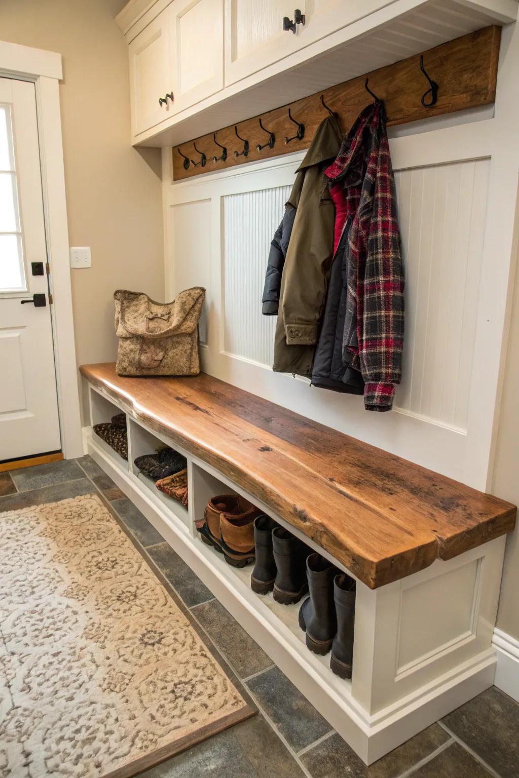 A rustic mudroom bench featuring a distinctive live edge top.