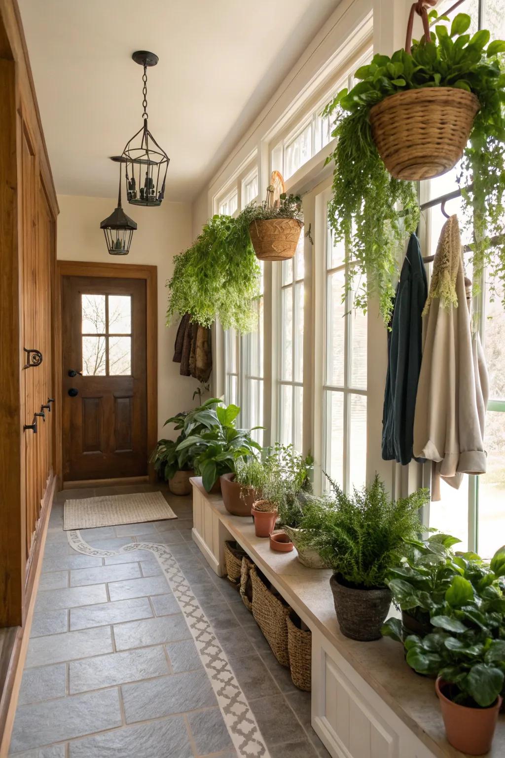 Greenery brings a revitalizing touch to any mudroom area.