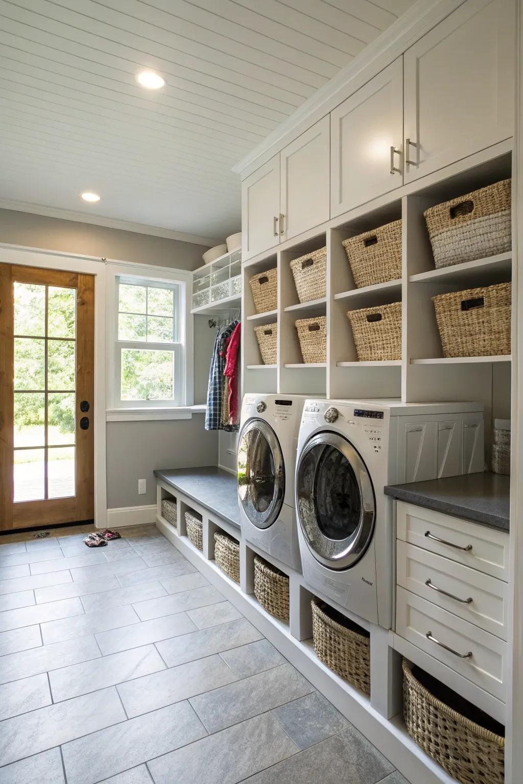 A mudroom that does double duty with a laundry area for added convenience.