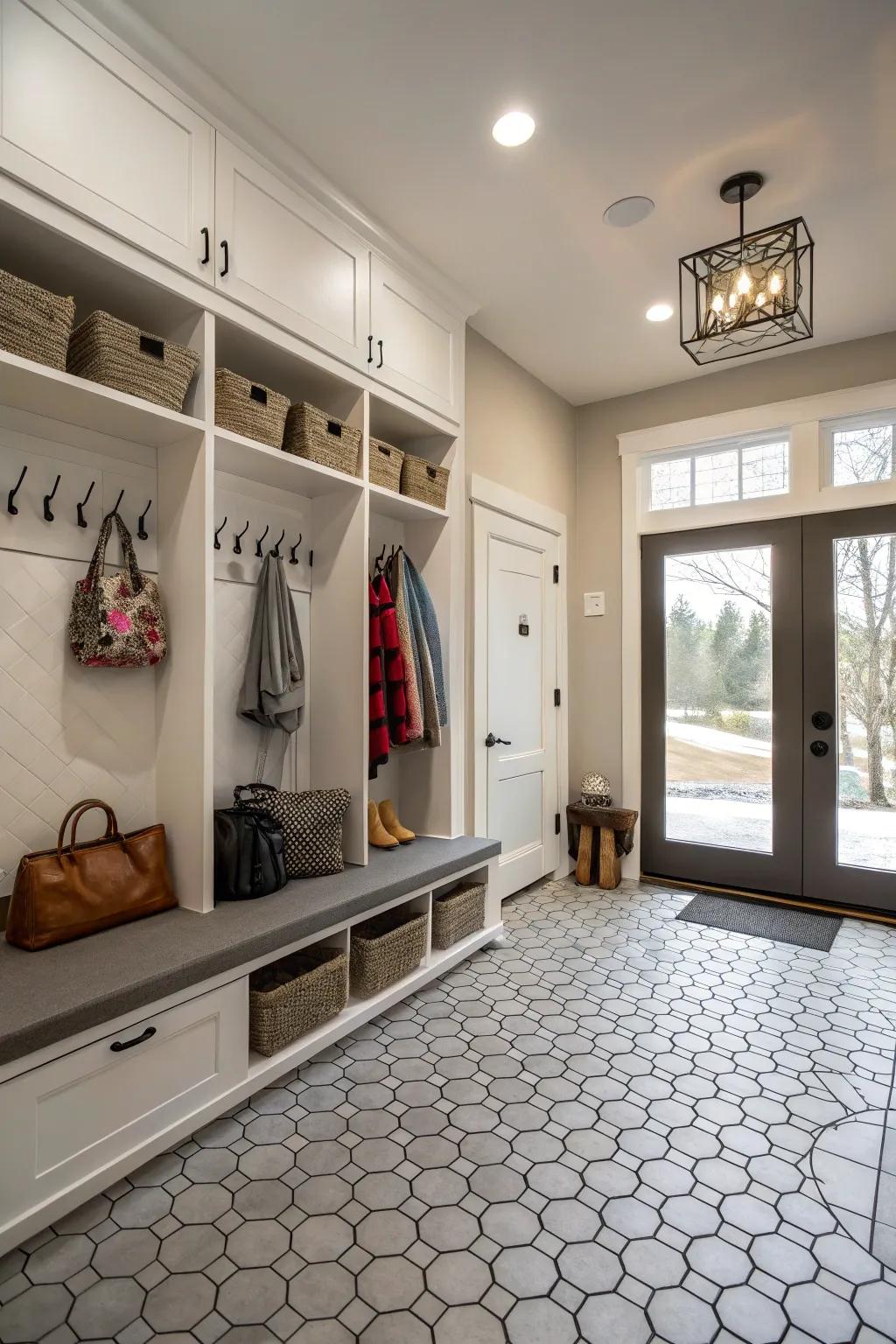 Multi-sided tiles adding contemporary flair to a mudroom