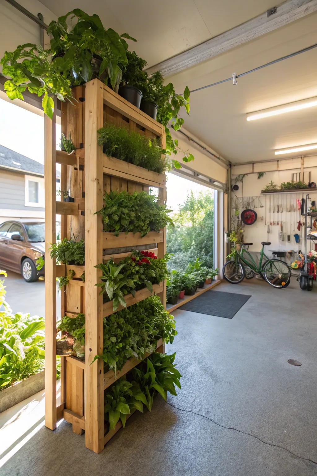 A lush indoor garden thriving in a garage.