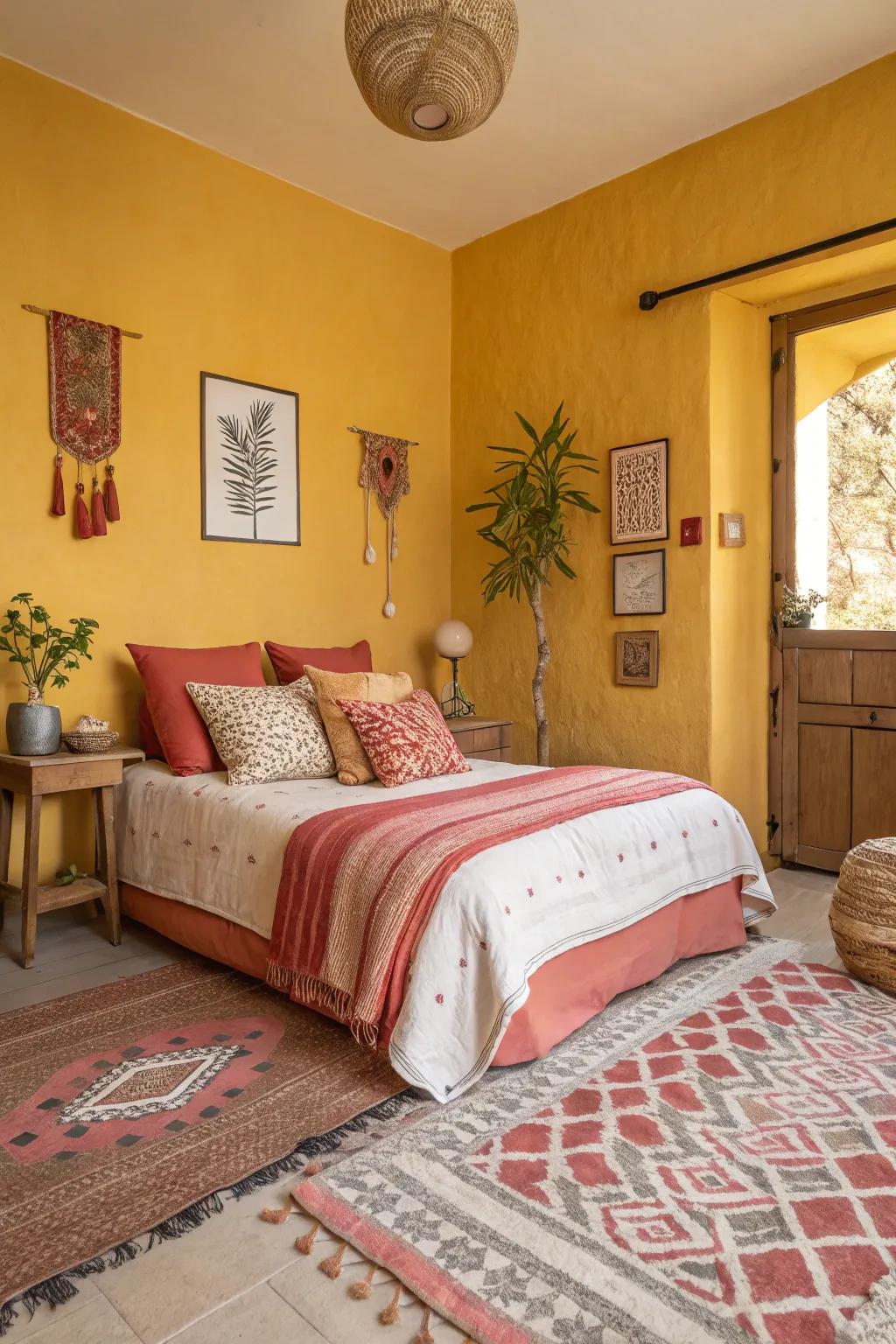 A bedroom using yellow, clay, and coral designs.