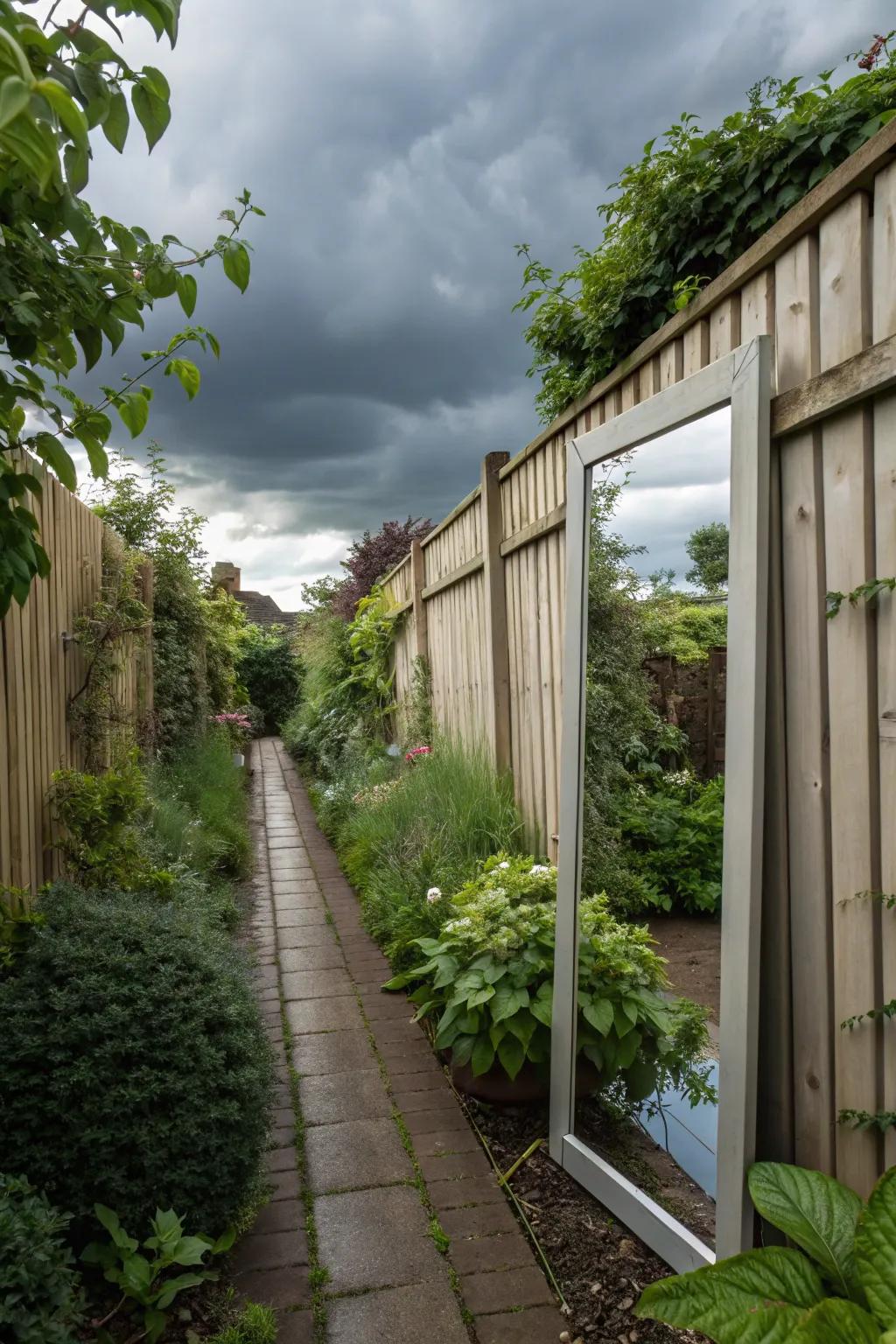Mirrors fashion the illusion of more space in a slim garden.