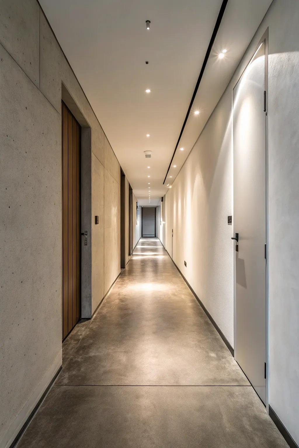 Cement flooring provides a sleek, contemporary aesthetic in narrow hallways.