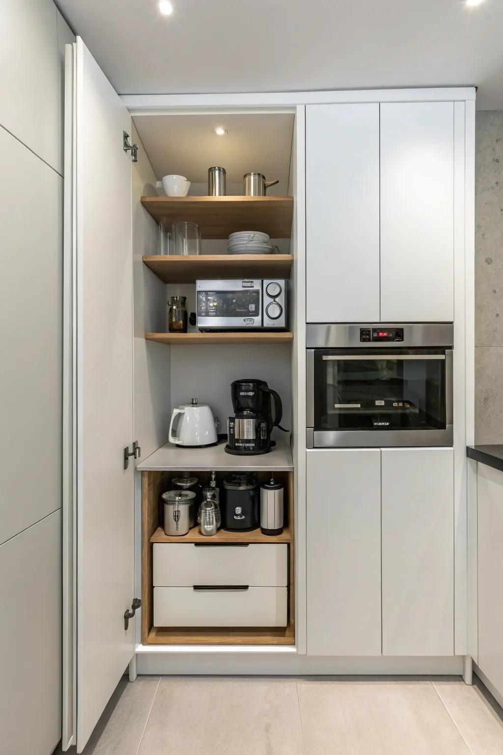 A slim cabinet concealing small appliances for a clutter-free kitchen.