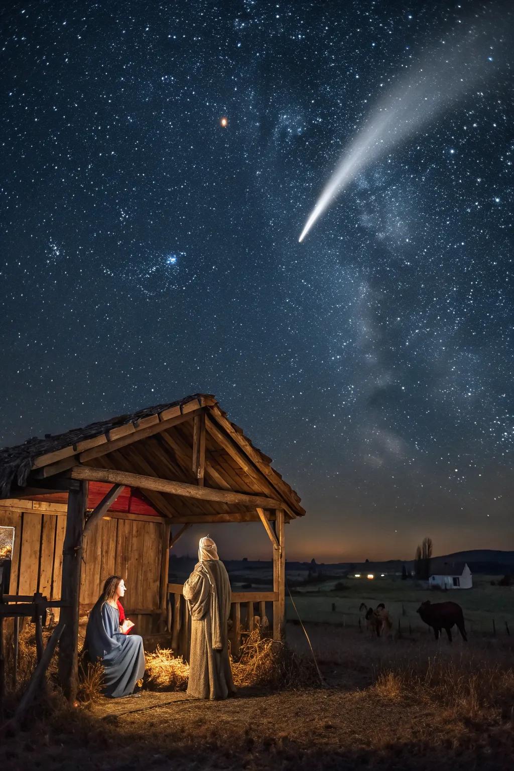 A shimmering comet background complements your nativity scene.