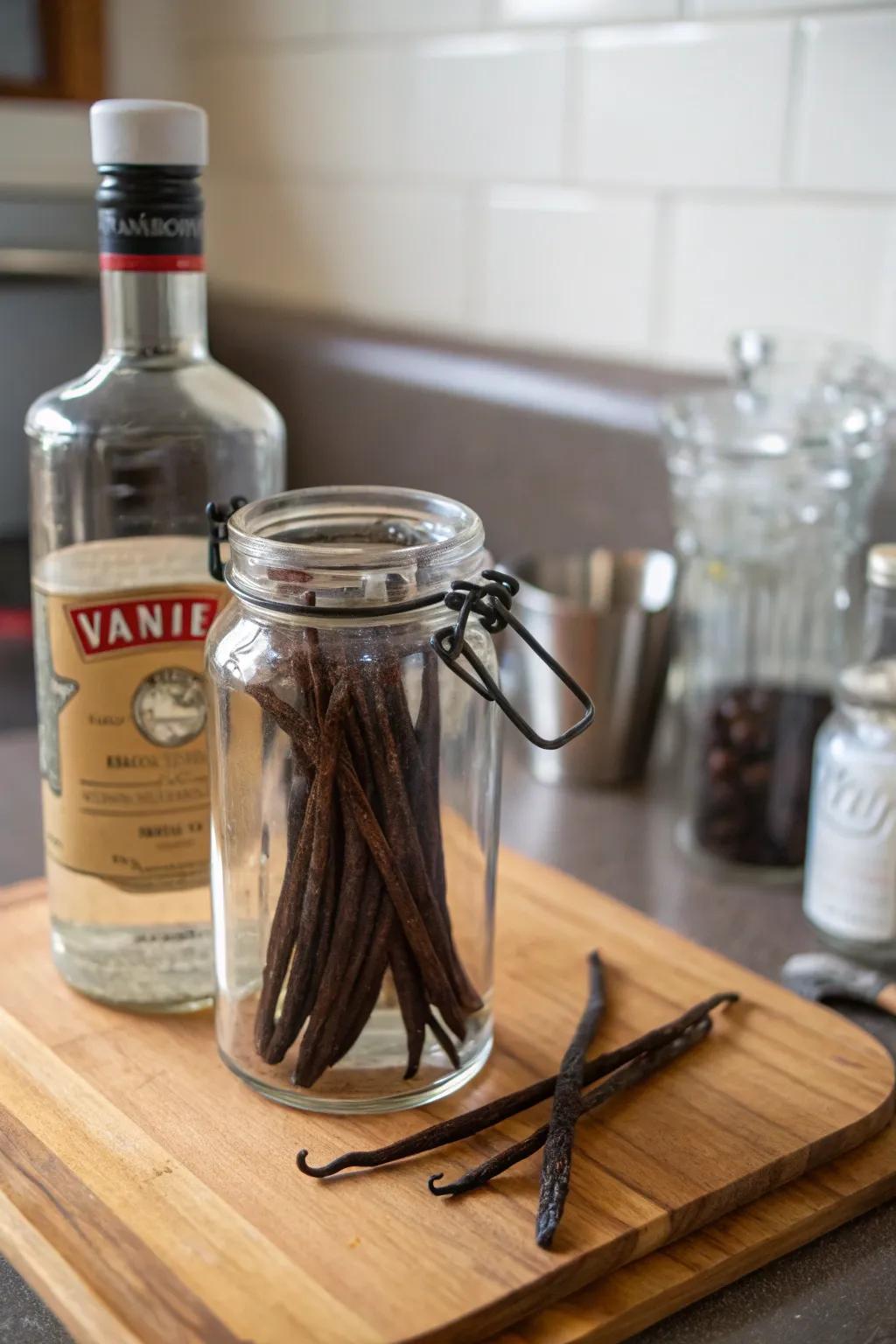 A homemade vanilla infusion that offers a sweet and inviting aroma.