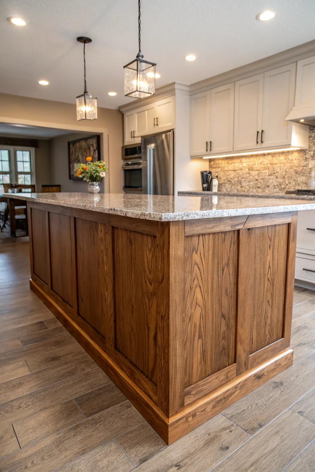 A timber island with a contrasting surface as the kitchen centerpiece.