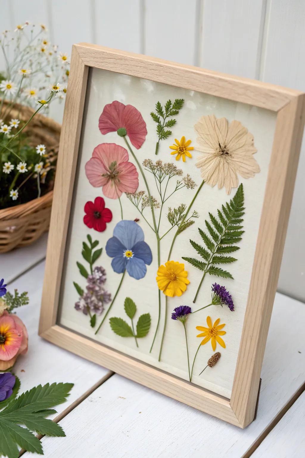 A delicate collage utilizing pressed flowers.