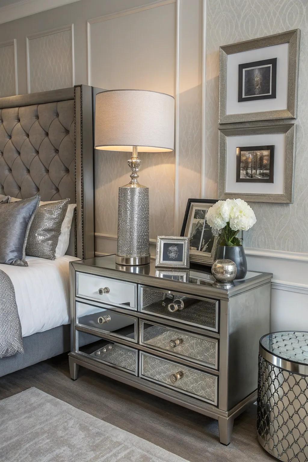 Brushed chrome details introduce a refined touch to the bedroom's decor.