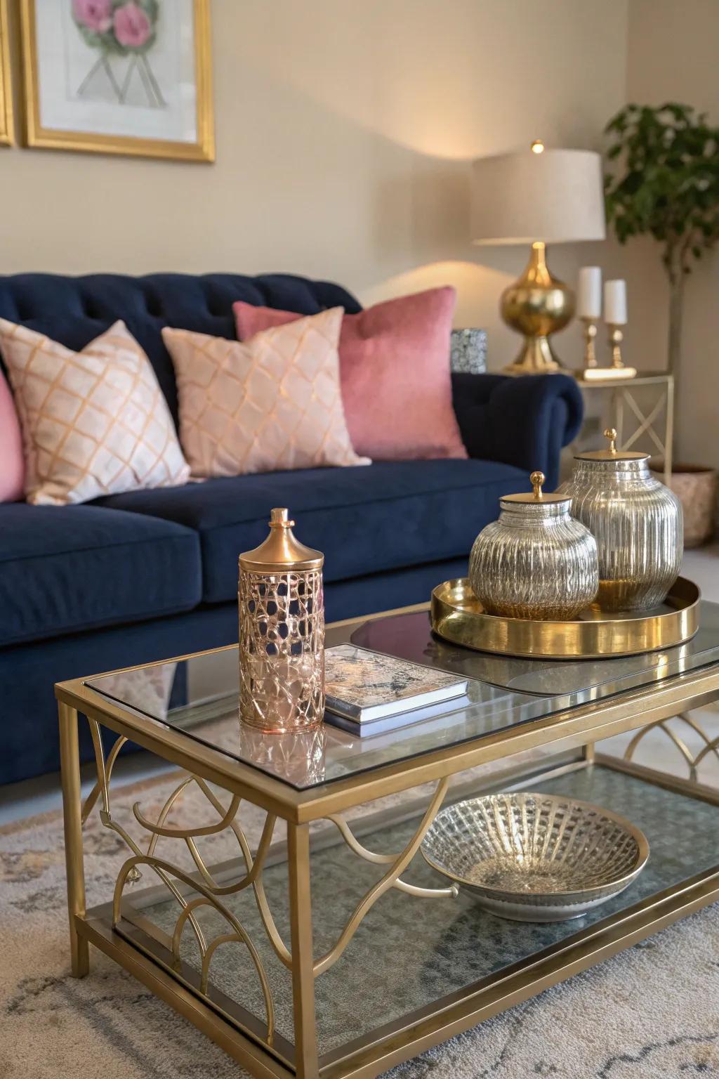 Mixed metals add a sophisticated contrast to navy and pink.